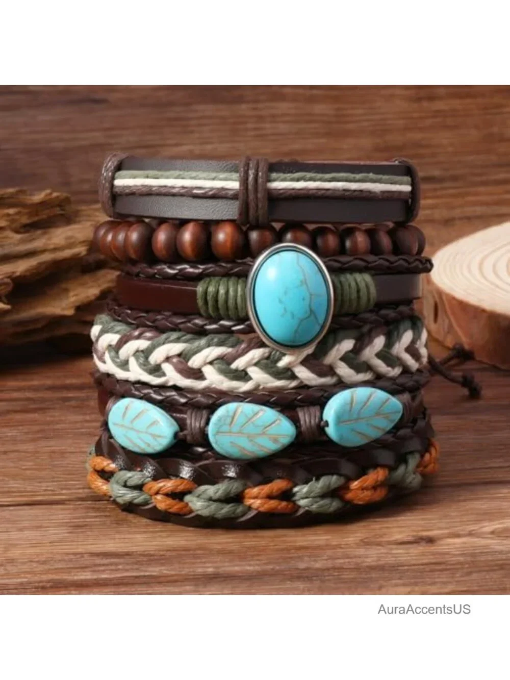 Boho Turquoise Leather Wrap Bracelet Multilayer Stack Adjustable Cuff Unisex